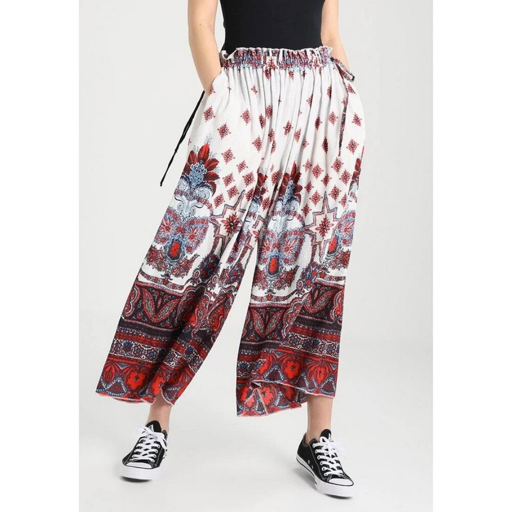 Free People Sz. XS Gold Dust Printed Wide-Leg Pants Beachy Vacation Boho